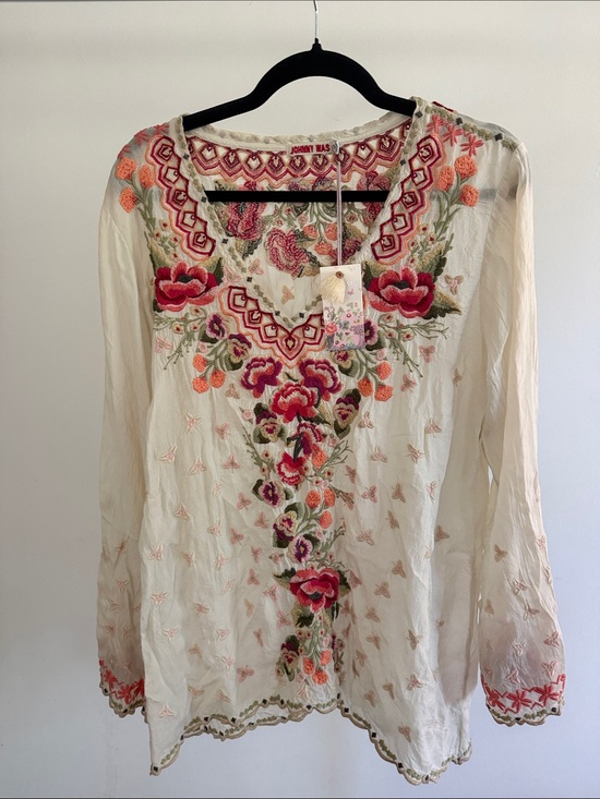 Johnny Was Tops - Johnny Was Christabella Cream Blouse with Pink, Red and Green Floral Embroidery